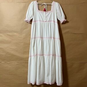 Oak Meadow | Poema Dress Embroidered Tiered Maxi Dress White Pink Size XS